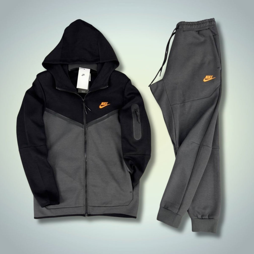 Nike Tech Fleece мъжки спортен екип, черен - графитен, оранжево лого. Premium качество