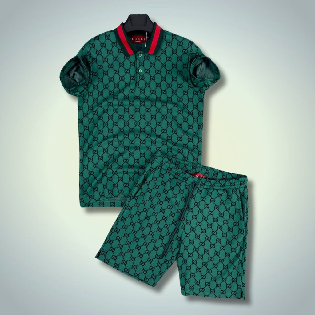 Gucci мъжки спортен екип с къси панталонки, поло тениска, зелен. Premium качество