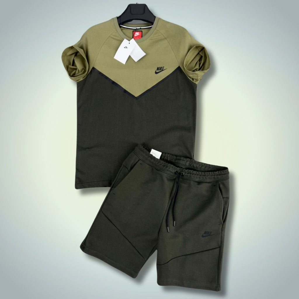Nike Tech Fleece мъжки спортен екип с къси панталонки, тъмнозелен - маслинено зелен. Premium качество