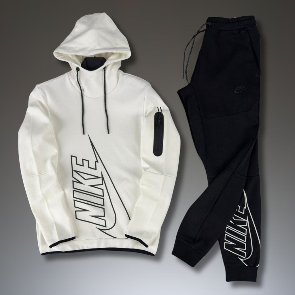 Nike Tech Fleece мъжки спортен екип, без цип, бял - черен. Premium качество