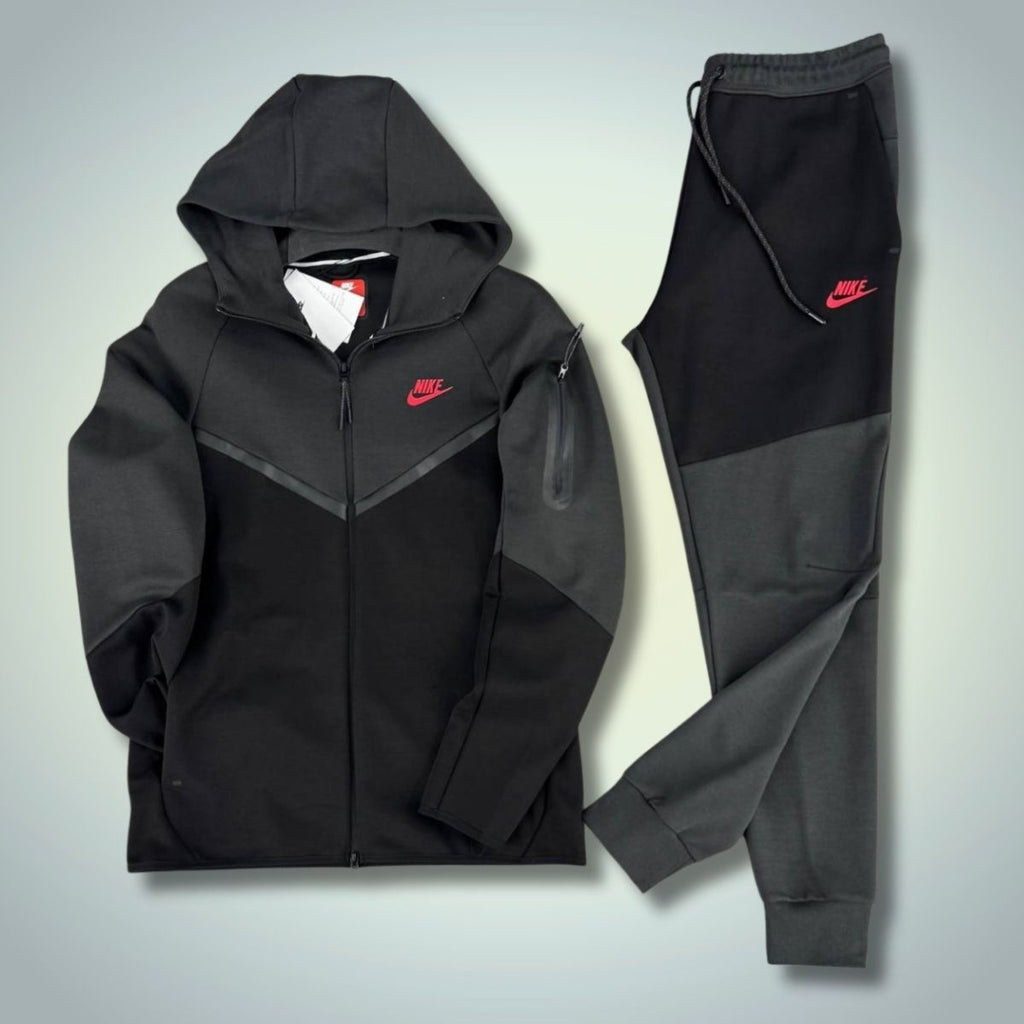 Nike Tech Fleece мъжки спортен екип, графитен - черен, червено лого. Модел 2024. Premium качество
