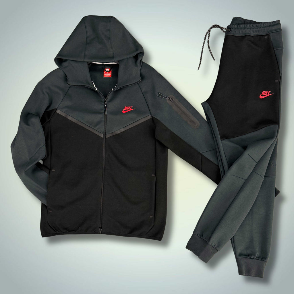 Nike Tech Fleece мъжки спортен екип, графитен - черен, червено лого. Модел 2024. Premium качество