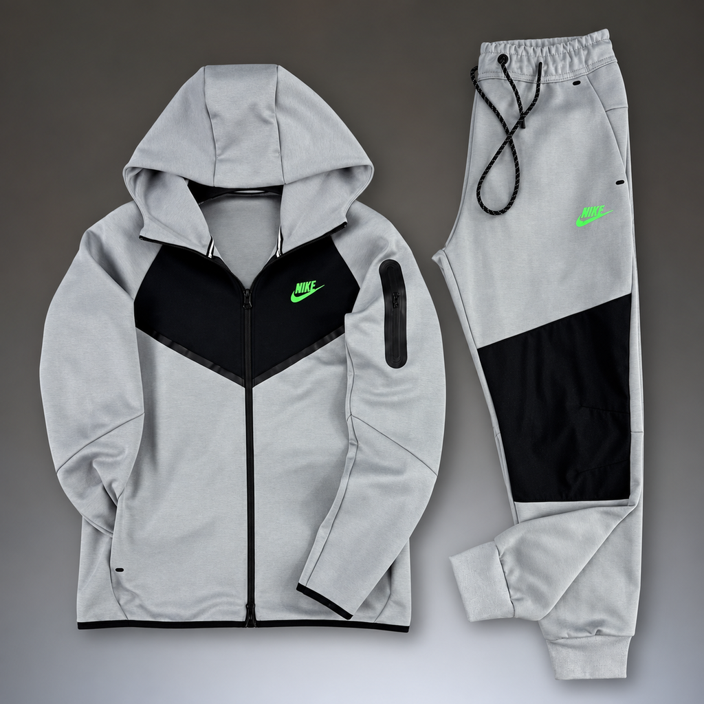Nike Tech Fleece мъжки спортен екип, сив - черен, зелено лого. Модел 2024. Premium качество