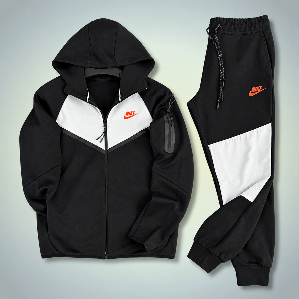 Nike Tech Fleece мъжки спортен екип, черен - бял, оранжево лого. Модел 2024. Premium качество
