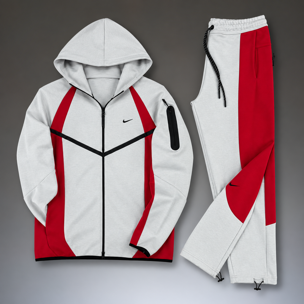 Nike Tech Fleece мъжки спортен екип, светло сив - червен. Модел 2026. Premium качество