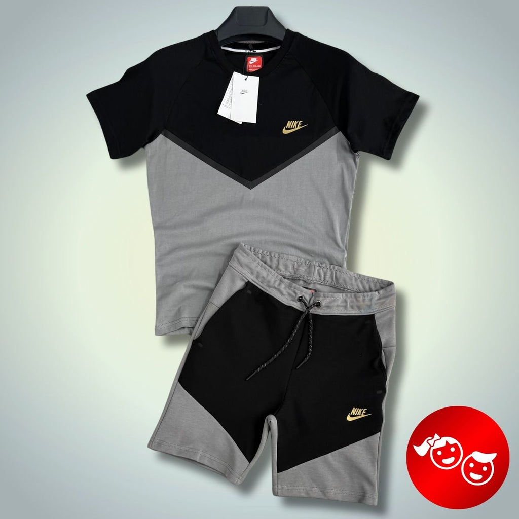 Nike Tech Fleece детски спортен екип с къси панталонки, черен - сив, златно лого. Premium качество