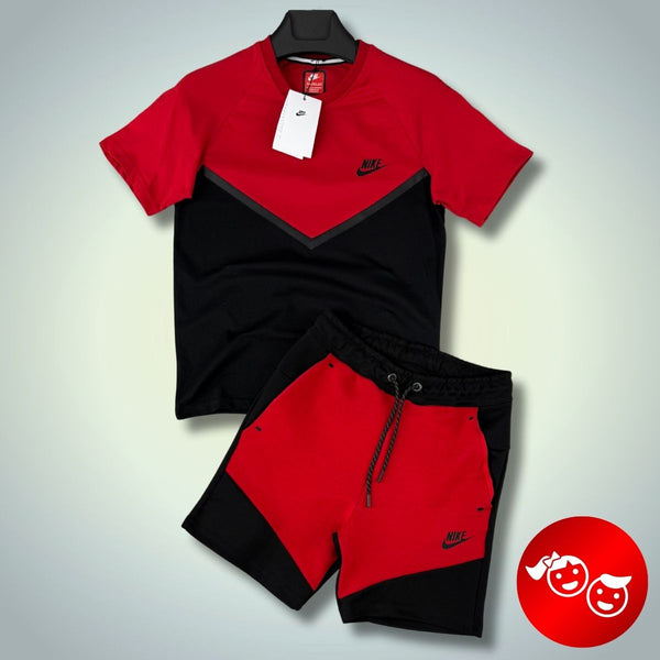 Nike Tech Fleece детски спортен екип с къси панталонки, червен - черен. Premium качество