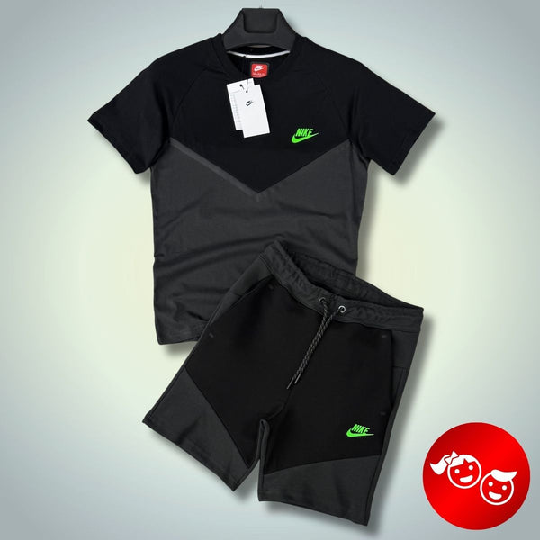 Nike Tech Fleece детски спортен екип с къси панталонки, графитен - черен, неоново лого. Premium качество