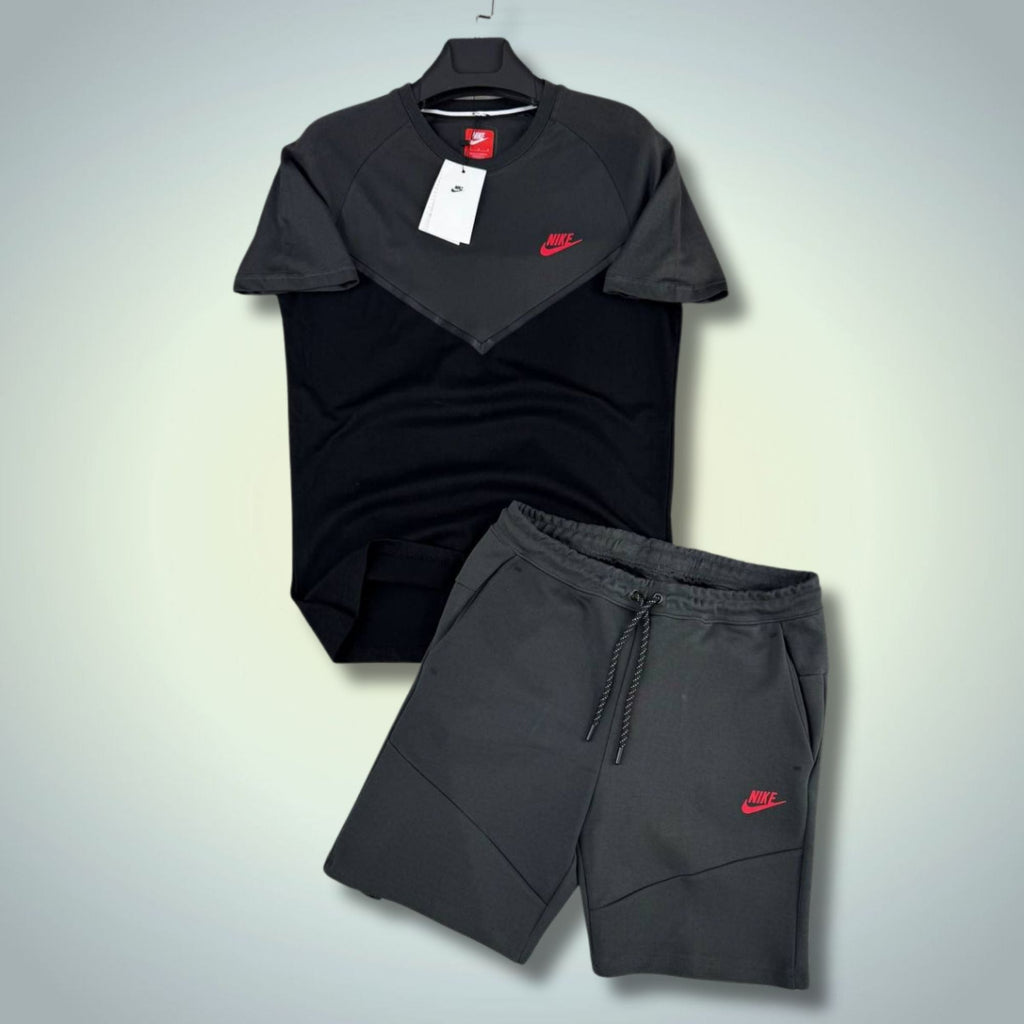 Nike Tech Fleece мъжки къс спортен екип, графитено-черен, червено лого. Premium качество