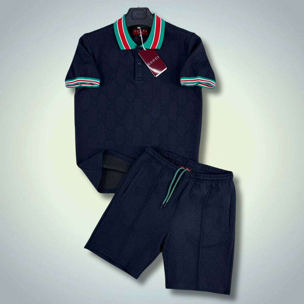 Gucci мъжки къс спортен екип, с поло, тъмносин. Premium качество