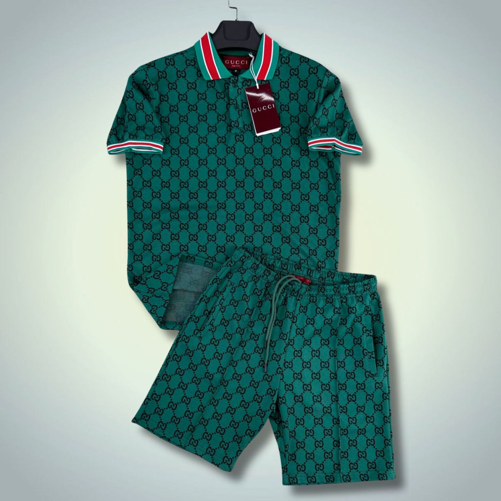 Gucci мъжки къс спортен екип, с поло, малки лога. Зелен. Premium качество