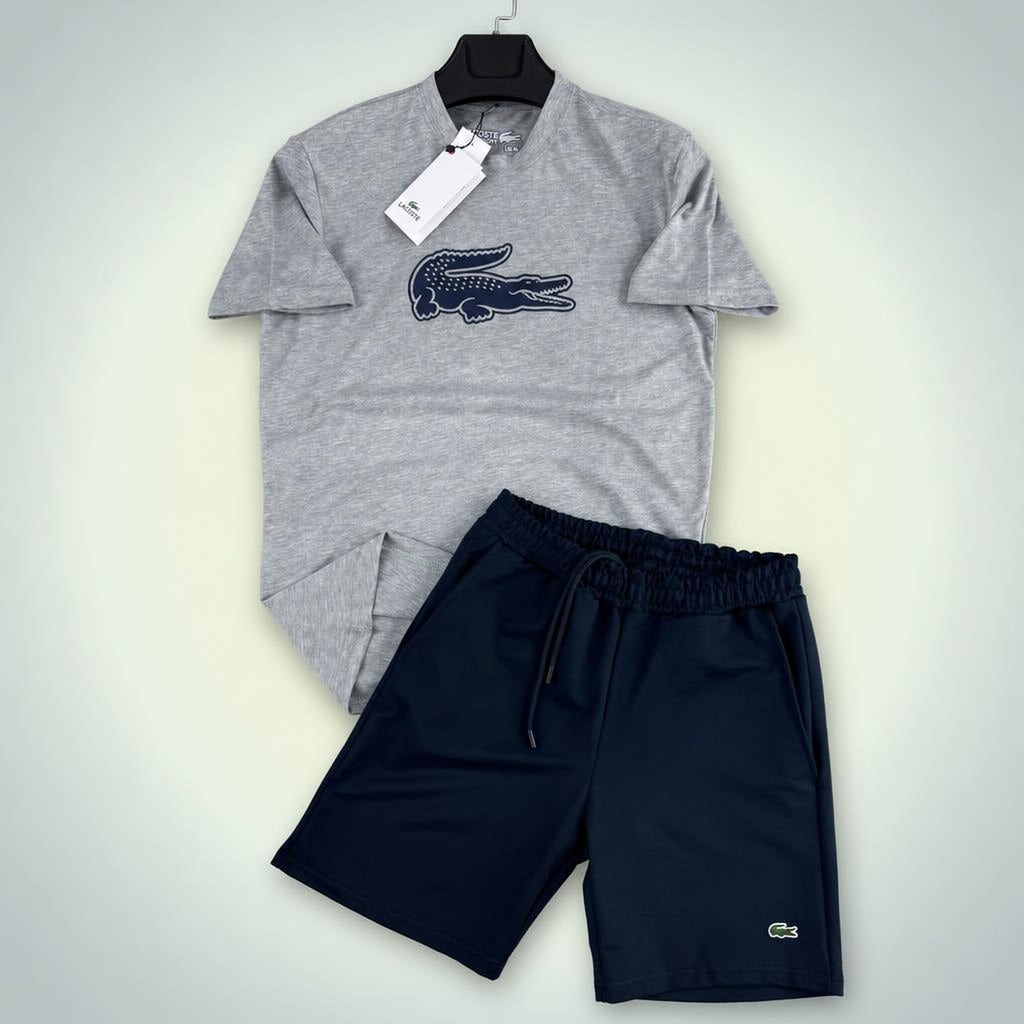 Lacoste Big Logo мъжки къс спортен екип, класическо сиво-тъмносин. Premium качество