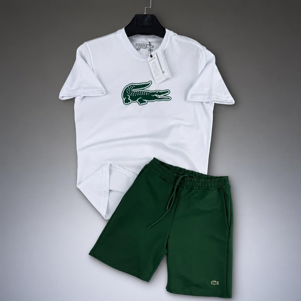 Lacoste Big Logo мъжки къс спортен екип, бяло-зелен. Premium качество