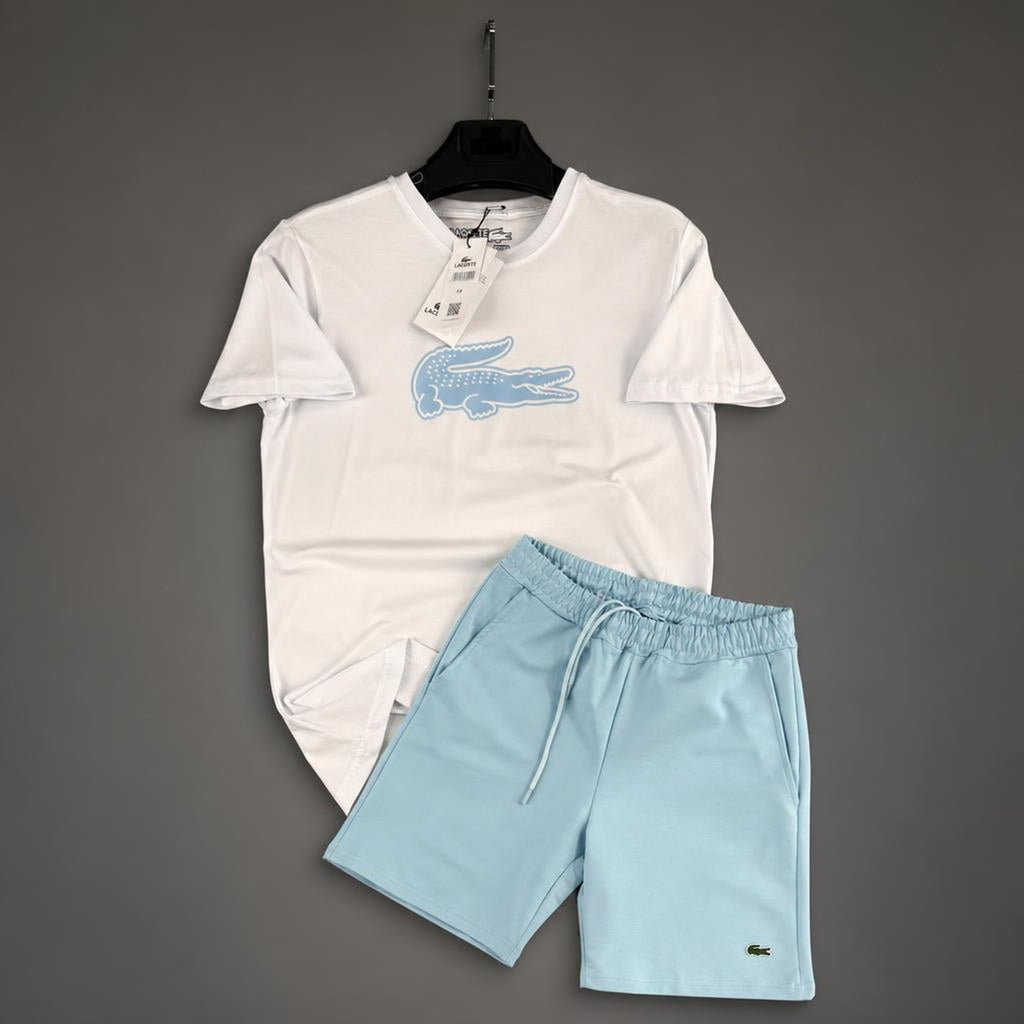 Lacoste Big Logo мъжки къс спортен екип, бял-светлосин. Premium качество