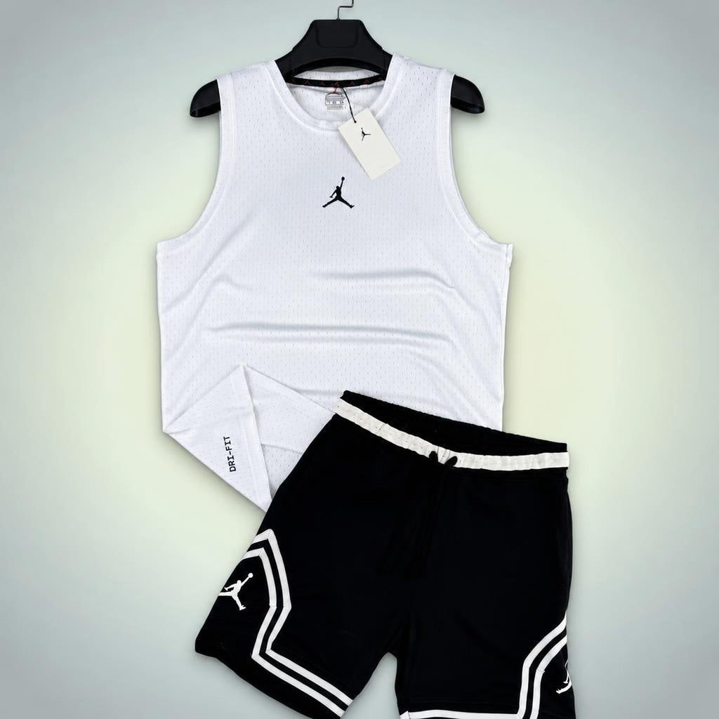 Jordan мъжки къс спортен екип с потник, бяло-черeн. Dri-Fit. Premium качество