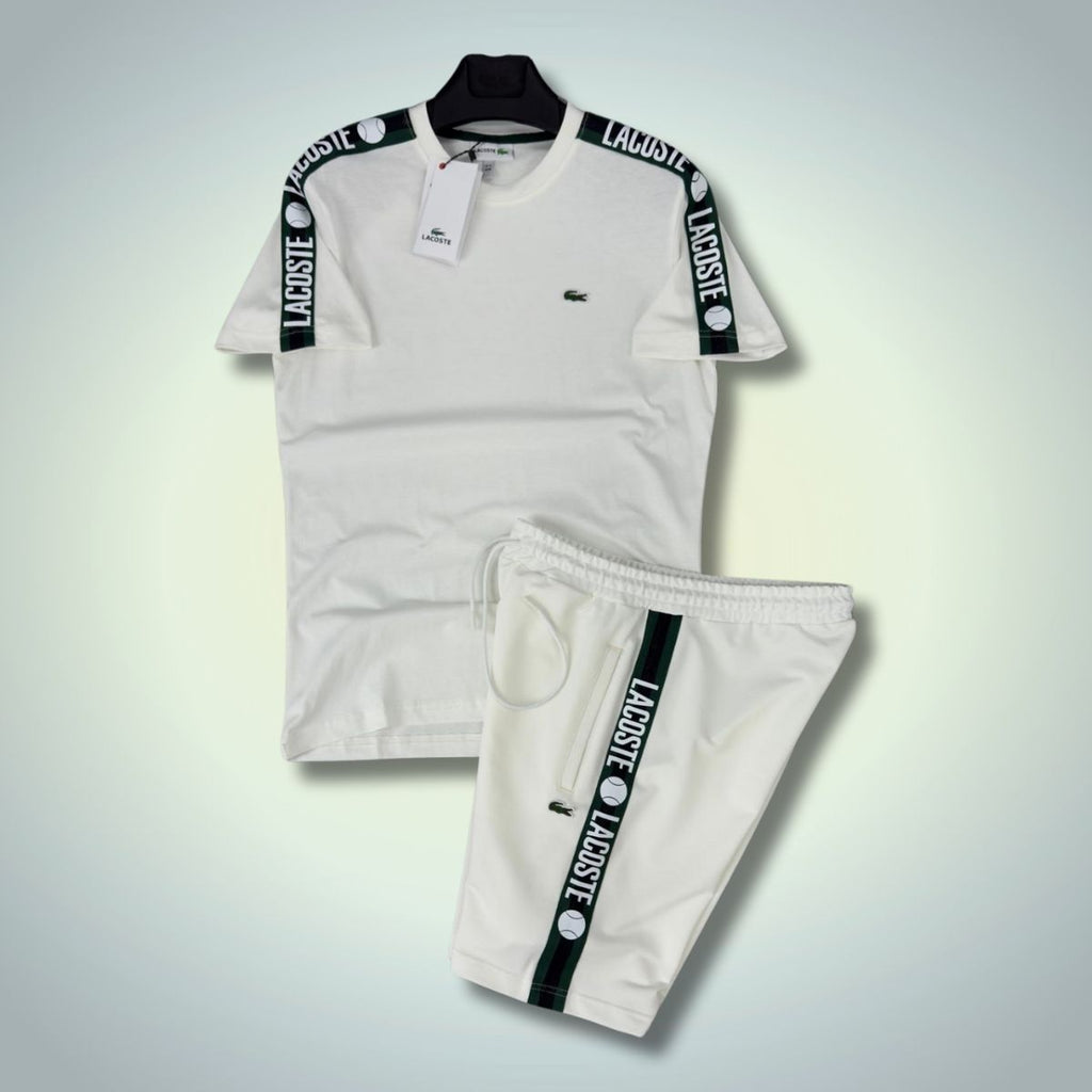 Lacoste мъжки спортен екип с къси панталонки, лого лента, бял. Premium качество