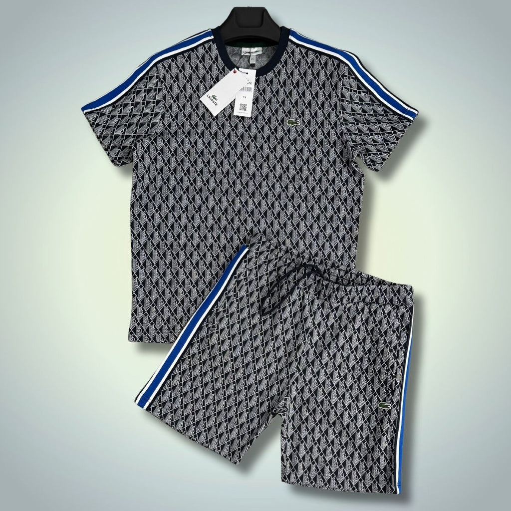 Lacoste мъжки спортен екип с къси панталонки, Jacquard, черен и бял, синя лента. Premium качество
