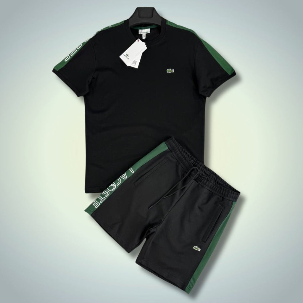 Lacoste мъжки спортен екип с къси панталонки, лого лента, черен. Модел 2025. Premium качество