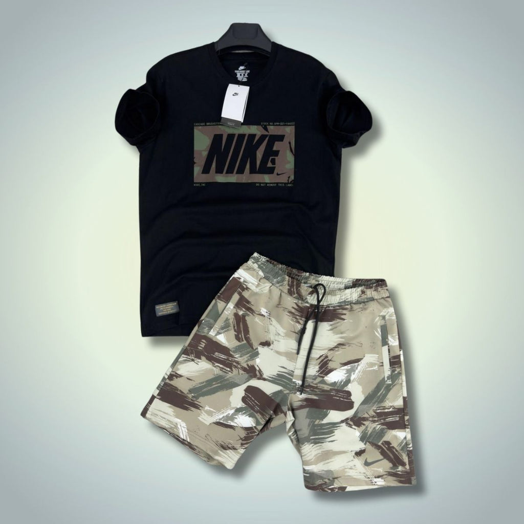 Nike мъжки спортен екип с къси панталонки, камофлажен принт, черен - бежов. Premium качество