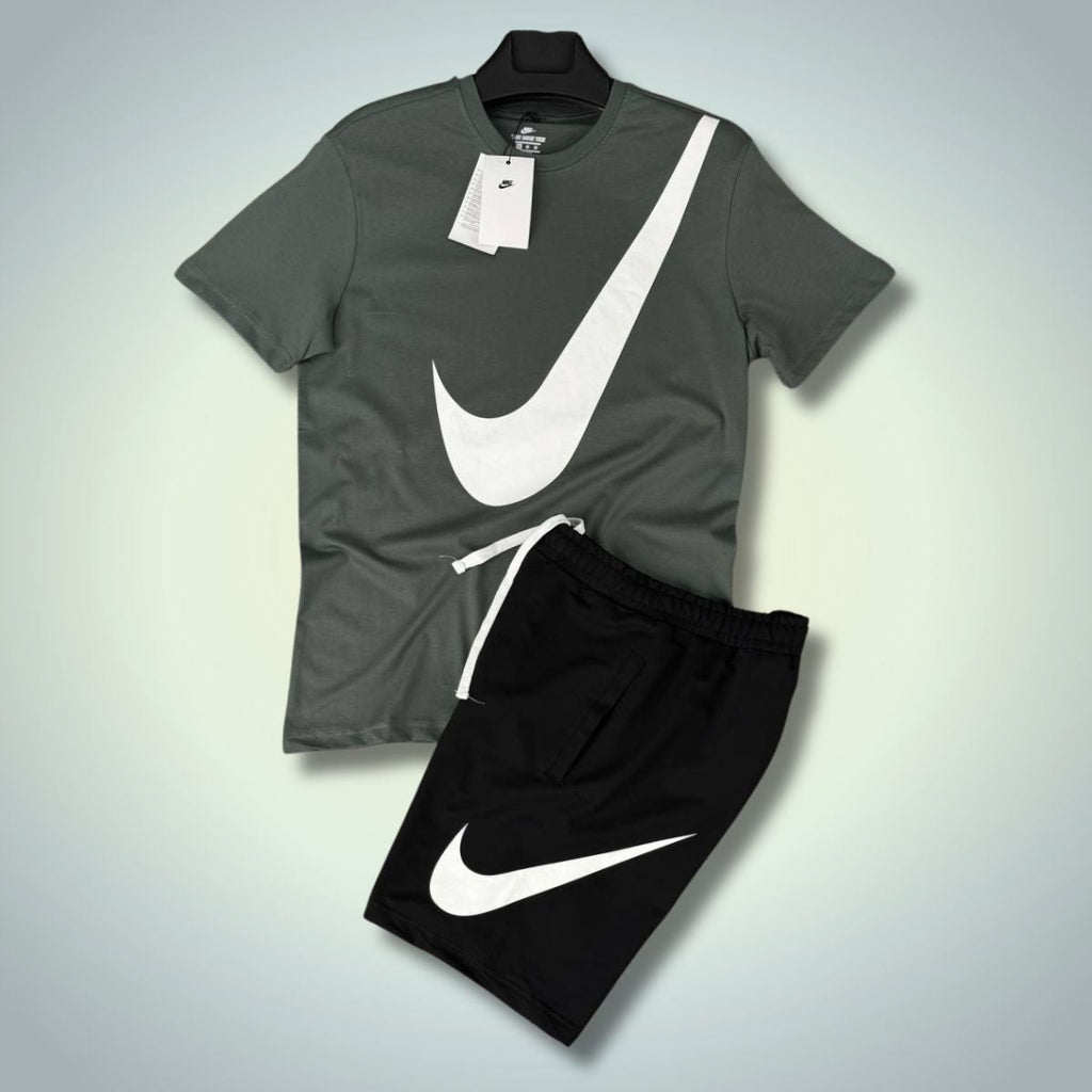Nike мъжки спортен екип с къси панталонки, голямо лого, сив - черен. Premium качество