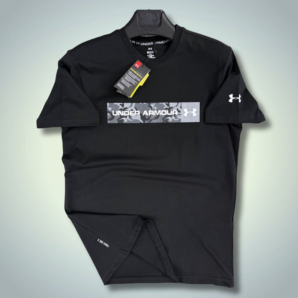 Мъжка черна тениска Under Armour, камуфлажно лого. Premium качество