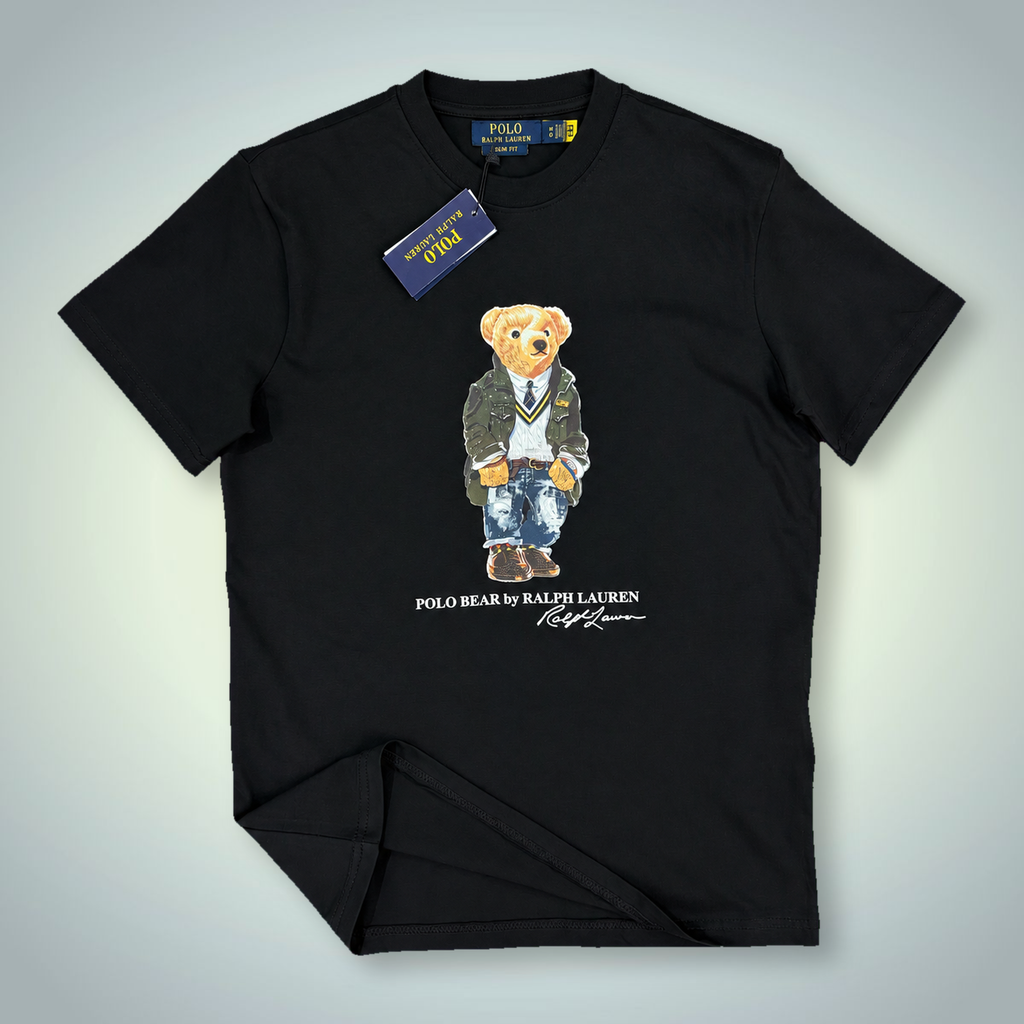 Мъжка черна тениска Ralph Lauren, принт мече в униформа. Premium качество