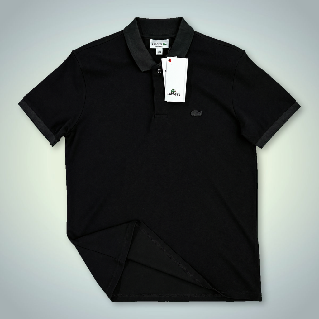 Мъжка черна поло тениска Lacoste, с лого в тон. Premium качество