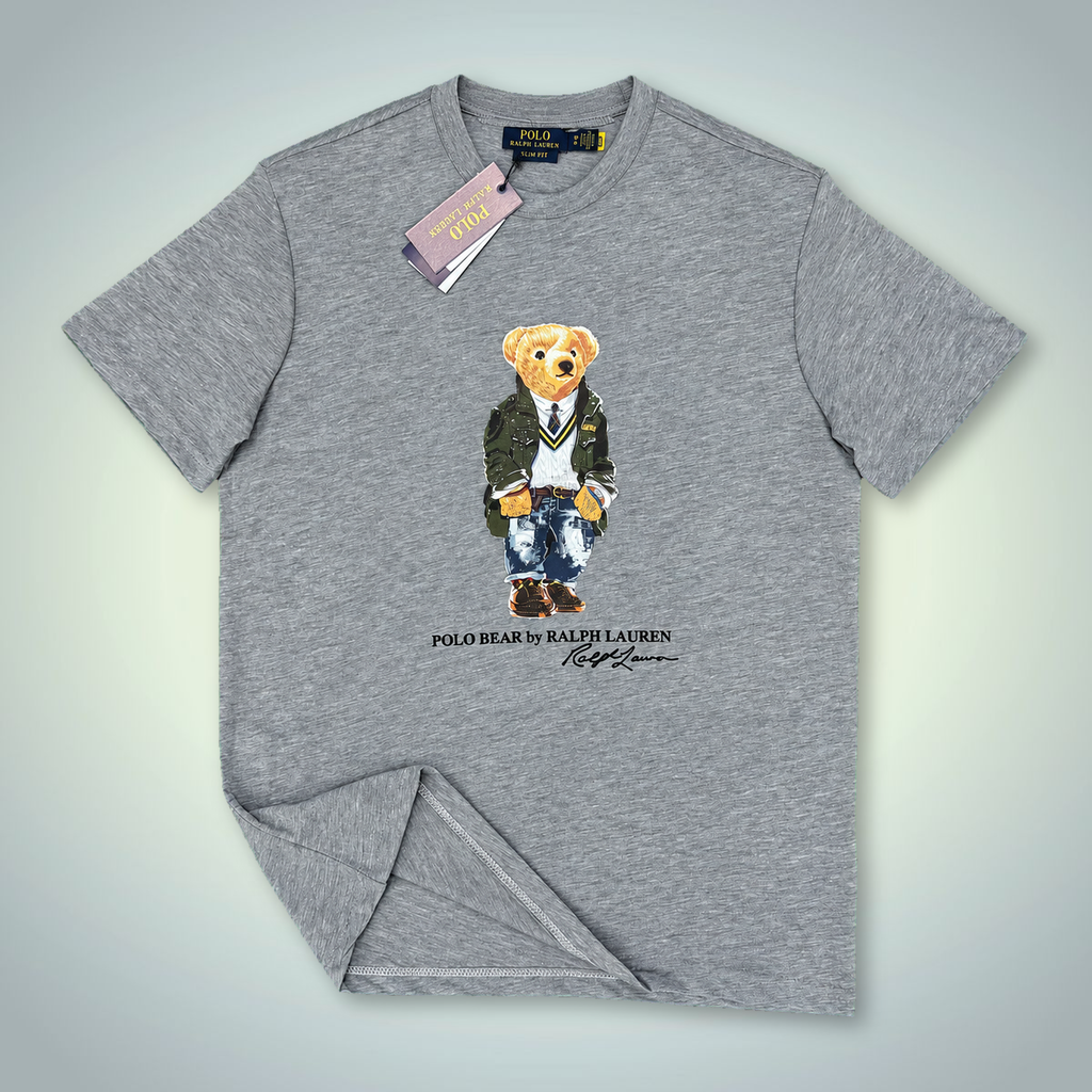 Мъжка класическо сива тениска Ralph Lauren, принт мече в униформа. Premium качество
