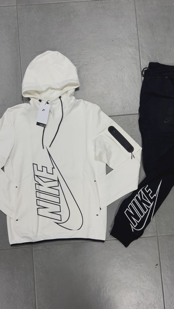 Nike Tech Fleece мъжки спортен екип, без цип, бял - черен. Premium качество